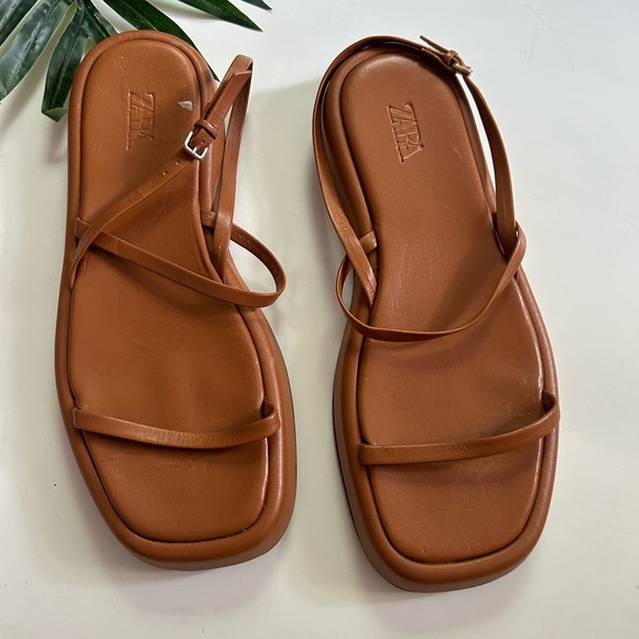 ZARA elastic square toe tan colored sandals size 39 - Picture 1 of 3